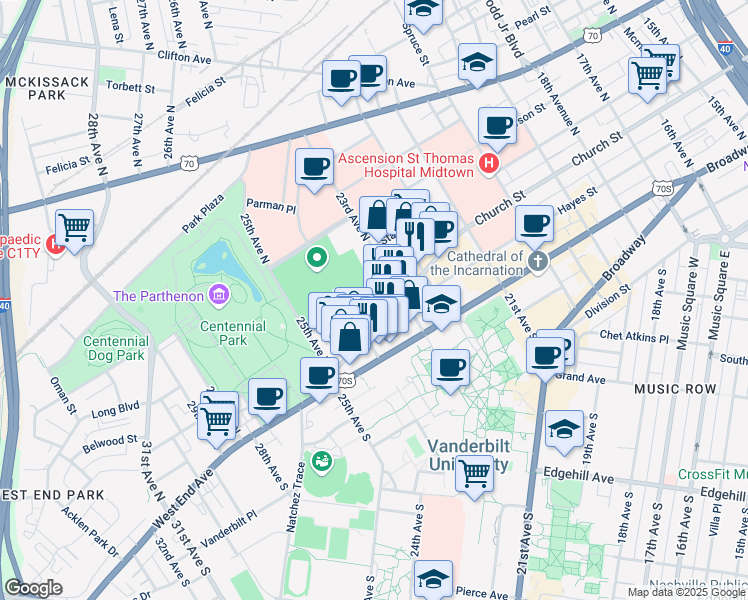 map of restaurants, bars, coffee shops, grocery stores, and more near in Nashville