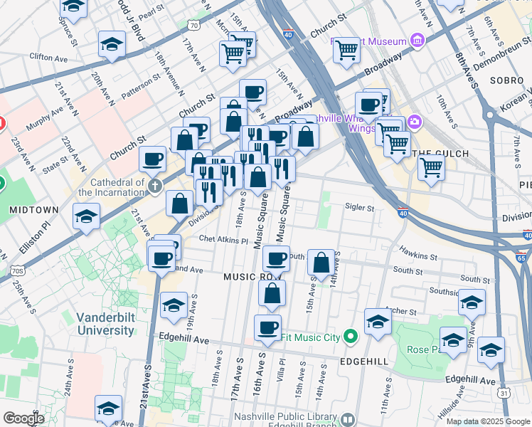 map of restaurants, bars, coffee shops, grocery stores, and more near 1611 Roy Acuff Place in Nashville