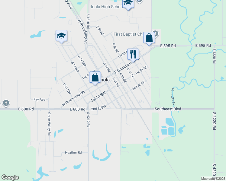 map of restaurants, bars, coffee shops, grocery stores, and more near 109 South Broadway Avenue in Inola