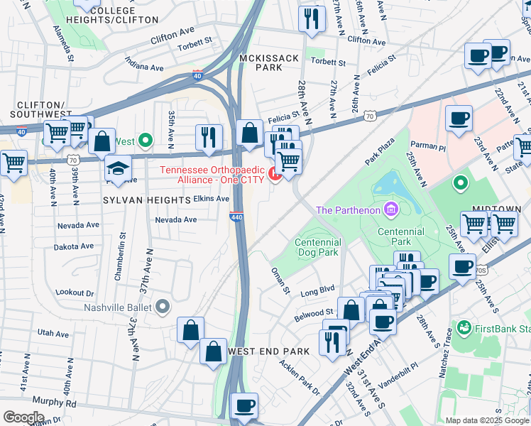 map of restaurants, bars, coffee shops, grocery stores, and more near 9 City Place in Nashville