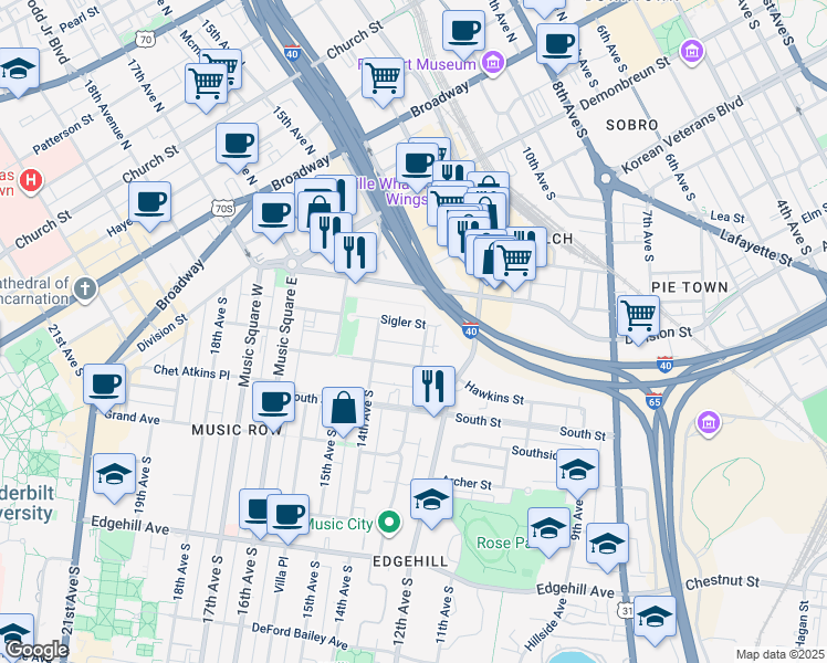 map of restaurants, bars, coffee shops, grocery stores, and more near 1203 Sigler Street in Nashville