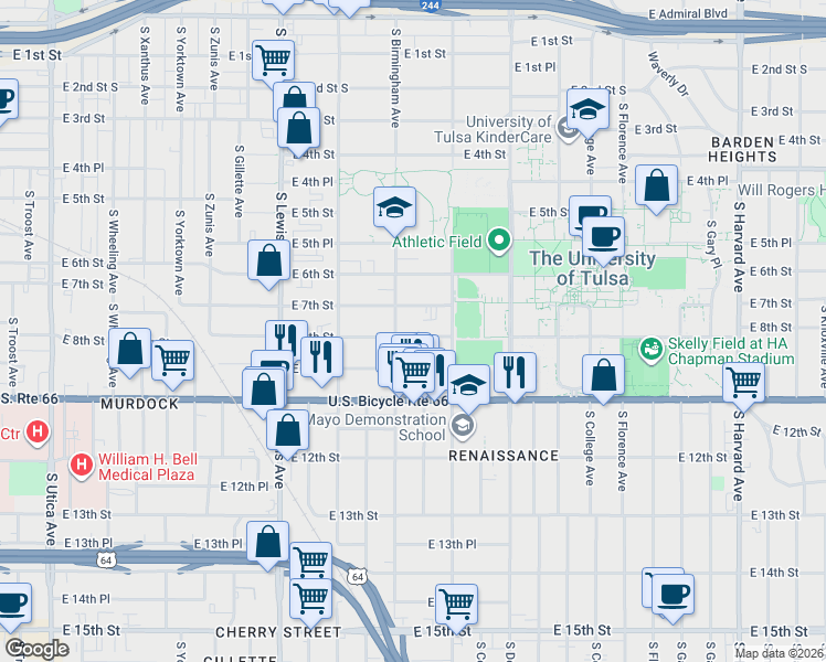 map of restaurants, bars, coffee shops, grocery stores, and more near 2615 East 8th Street in Tulsa