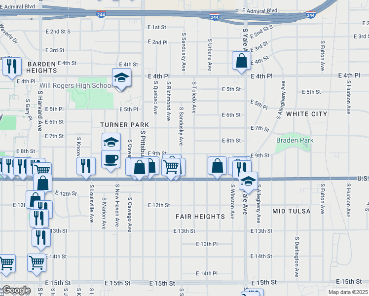 map of restaurants, bars, coffee shops, grocery stores, and more near 741 South Sandusky Avenue in Tulsa