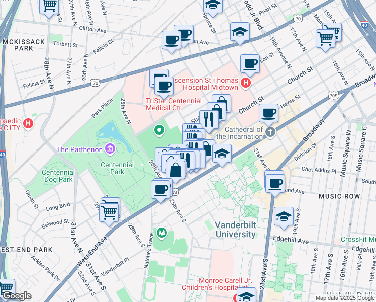 map of restaurants, bars, coffee shops, grocery stores, and more near in Nashville