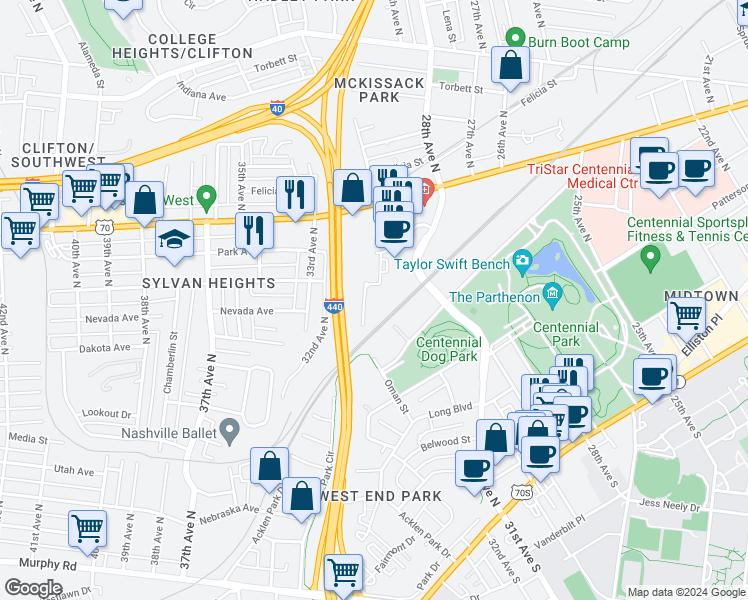 map of restaurants, bars, coffee shops, grocery stores, and more near 9 City Place in Nashville