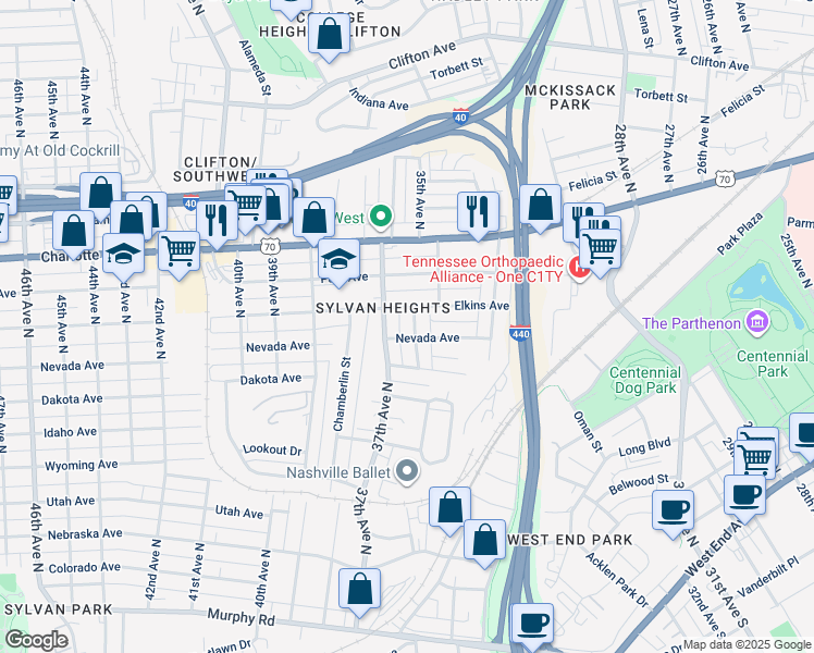 map of restaurants, bars, coffee shops, grocery stores, and more near 302 37th Avenue North in Nashville