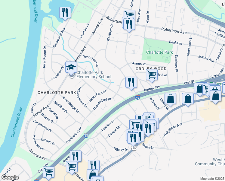 map of restaurants, bars, coffee shops, grocery stores, and more near 504 American Road in Nashville