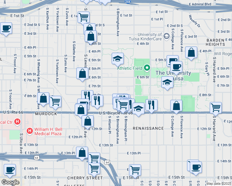 map of restaurants, bars, coffee shops, grocery stores, and more near 2605 East 8th Street in Tulsa