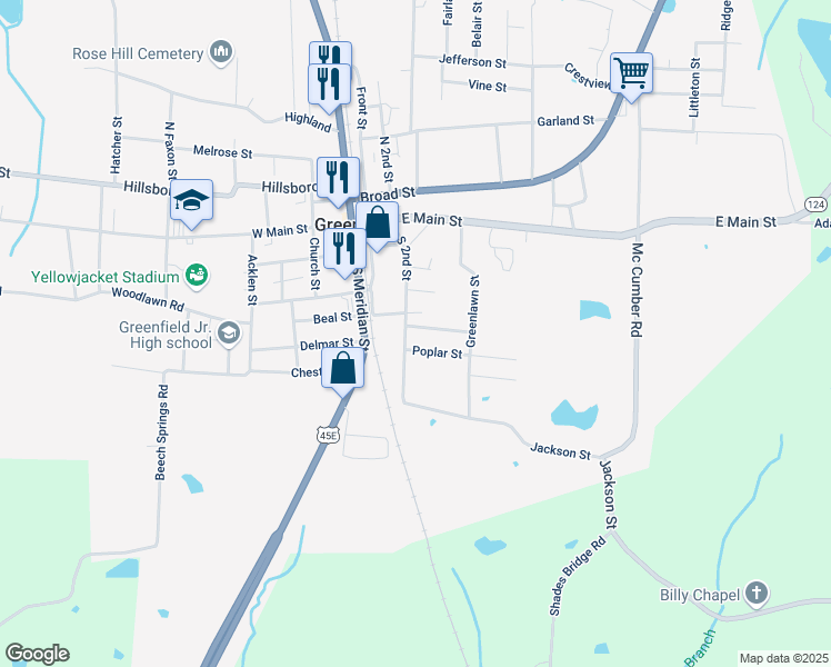 map of restaurants, bars, coffee shops, grocery stores, and more near 501 S 2nd St in Greenfield