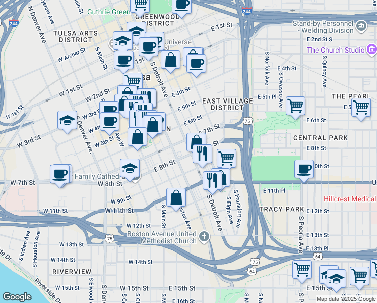 map of restaurants, bars, coffee shops, grocery stores, and more near 710 South Detroit Avenue in Tulsa