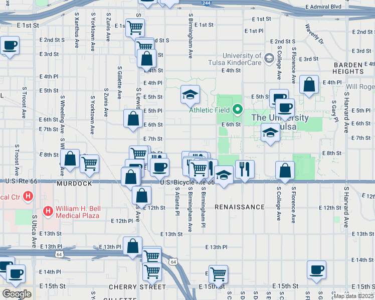 map of restaurants, bars, coffee shops, grocery stores, and more near 2605 East 8th Street in Tulsa