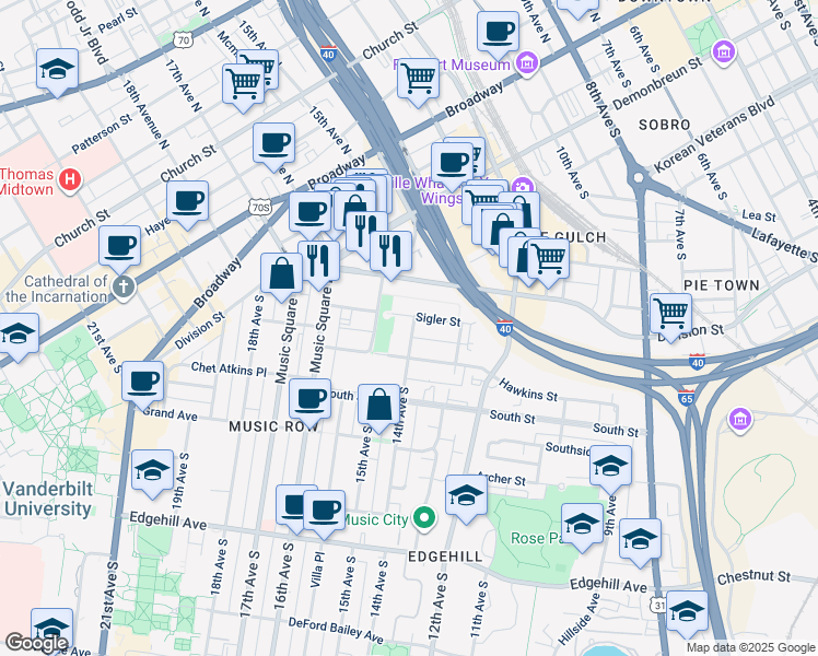 map of restaurants, bars, coffee shops, grocery stores, and more near 1401B Sigler Street in Nashville