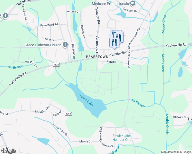 map of restaurants, bars, coffee shops, grocery stores, and more near 4771 Pfaff Lane in Forsyth County