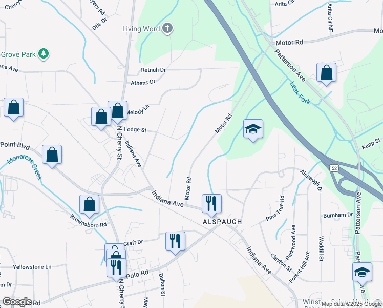 map of restaurants, bars, coffee shops, grocery stores, and more near 94 Motor Road in Winston-Salem
