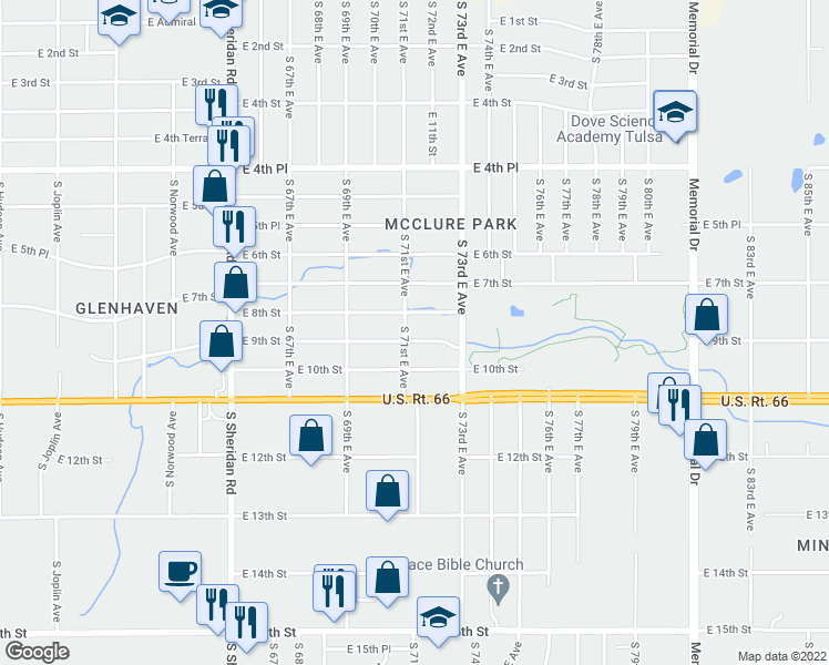 map of restaurants, bars, coffee shops, grocery stores, and more near 6947 E 9th St East Avenue in Tulsa