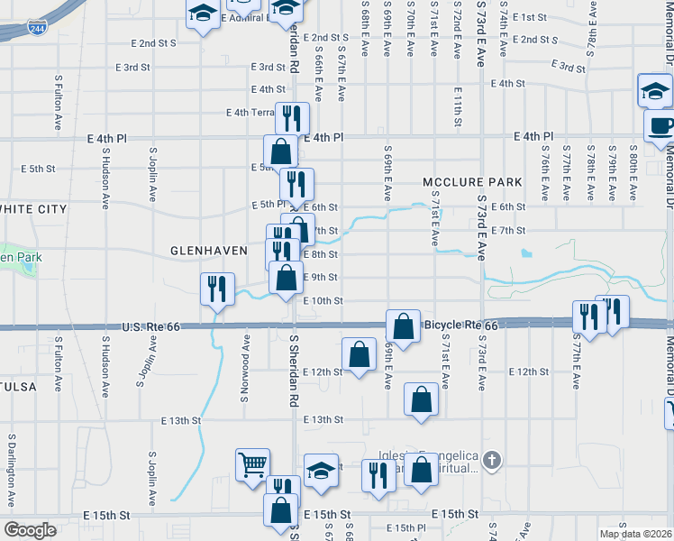 map of restaurants, bars, coffee shops, grocery stores, and more near 820 South 67th East Avenue in Tulsa