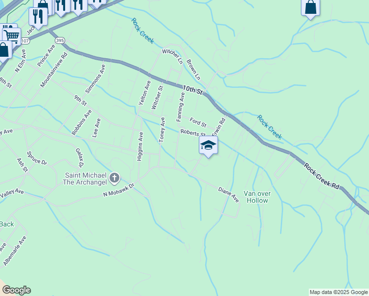 map of restaurants, bars, coffee shops, grocery stores, and more near 731 Roberts Street in Erwin
