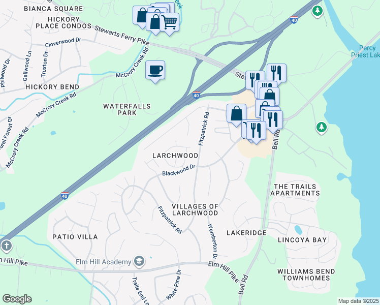 map of restaurants, bars, coffee shops, grocery stores, and more near 320 Lakebrink Drive in Nashville