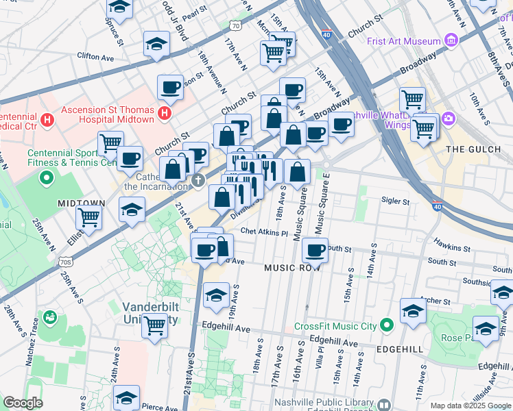 map of restaurants, bars, coffee shops, grocery stores, and more near 1903 Division Street in Nashville