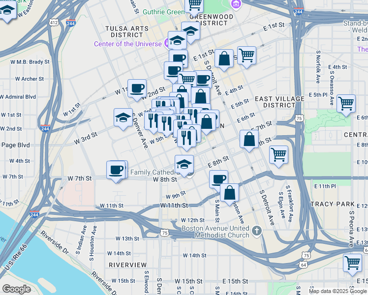 map of restaurants, bars, coffee shops, grocery stores, and more near 101 West 6th Street in Tulsa