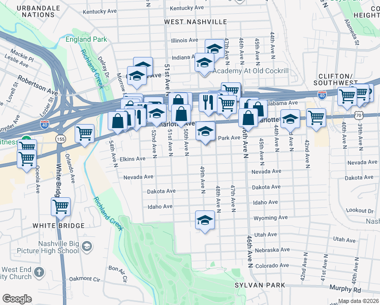 map of restaurants, bars, coffee shops, grocery stores, and more near 4910 Elkins Avenue in Nashville