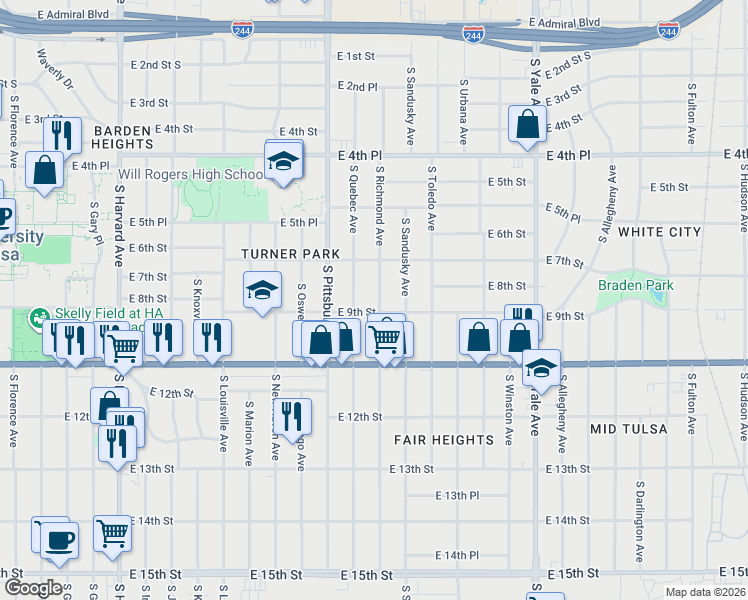 map of restaurants, bars, coffee shops, grocery stores, and more near 740 South Richmond Avenue in Tulsa