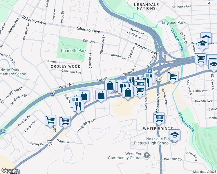 map of restaurants, bars, coffee shops, grocery stores, and more near 5922 Obrien Avenue in Nashville