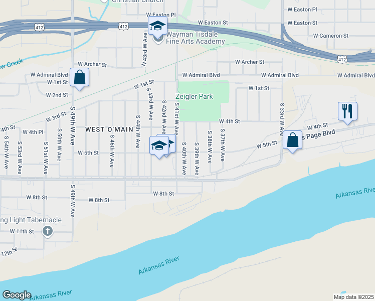 map of restaurants, bars, coffee shops, grocery stores, and more near 3927 West 5th Street in Tulsa