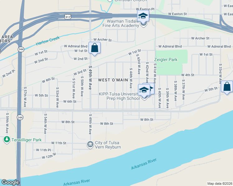 map of restaurants, bars, coffee shops, grocery stores, and more near 445 South 46th West Avenue in Tulsa