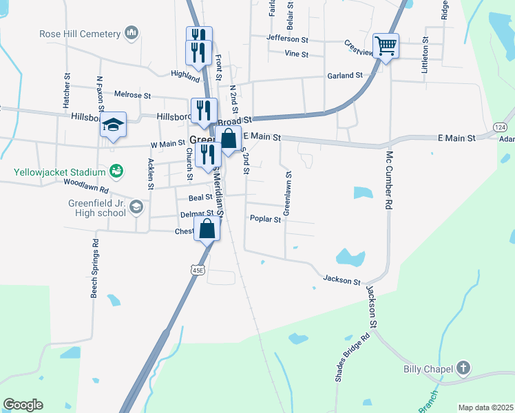 map of restaurants, bars, coffee shops, grocery stores, and more near 501 South 2nd Street in Greenfield