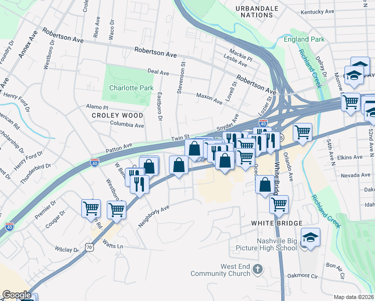 map of restaurants, bars, coffee shops, grocery stores, and more near 5922 Obrien Avenue in Nashville