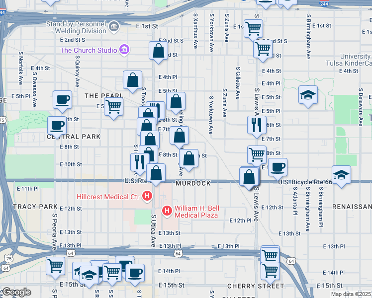 map of restaurants, bars, coffee shops, grocery stores, and more near 1919 East 8th Street in Tulsa