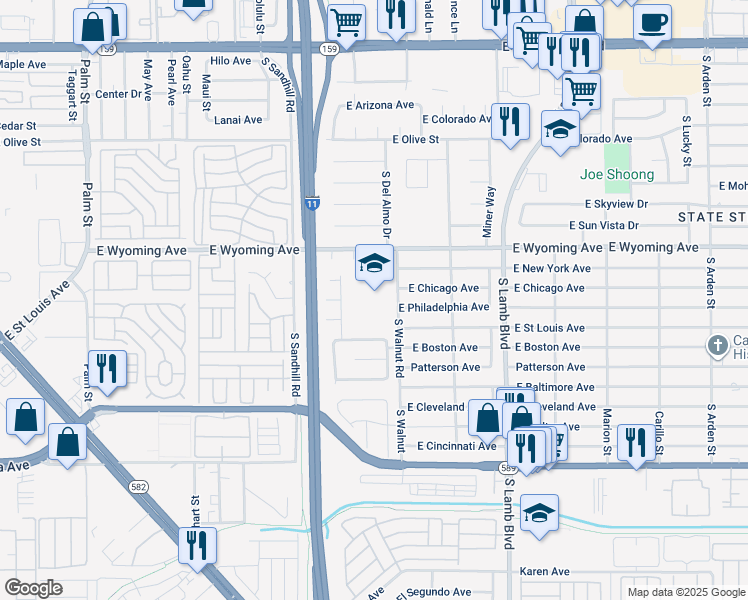 map of restaurants, bars, coffee shops, grocery stores, and more near 2000 South Walnut Road in Las Vegas