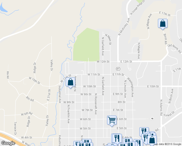 map of restaurants, bars, coffee shops, grocery stores, and more near 1101 North Cleveland Avenue in Sand Springs