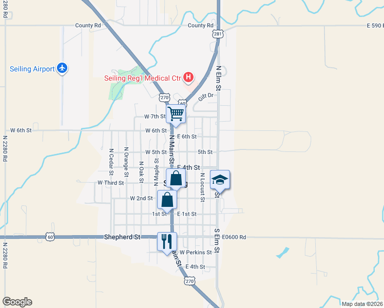 map of restaurants, bars, coffee shops, grocery stores, and more near 409 North Walnut Street in Seiling