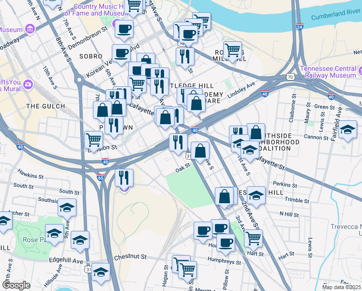 map of restaurants, bars, coffee shops, grocery stores, and more near 919 4th Avenue South in Nashville