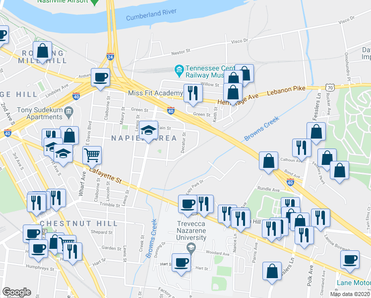 map of restaurants, bars, coffee shops, grocery stores, and more near 3 Decatur Street in Nashville