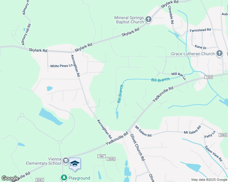 map of restaurants, bars, coffee shops, grocery stores, and more near 2876 Millwheel Road in Pfafftown