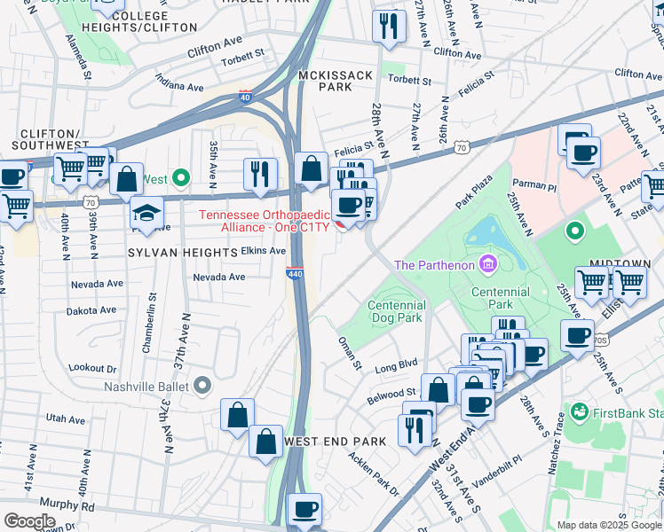 map of restaurants, bars, coffee shops, grocery stores, and more near 9 City Place in Nashville