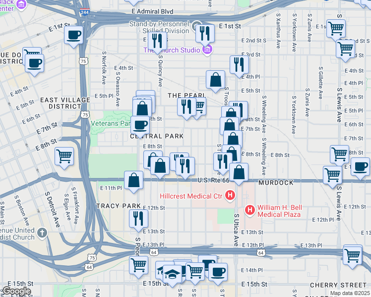 map of restaurants, bars, coffee shops, grocery stores, and more near 1520 East 8th Street in Tulsa