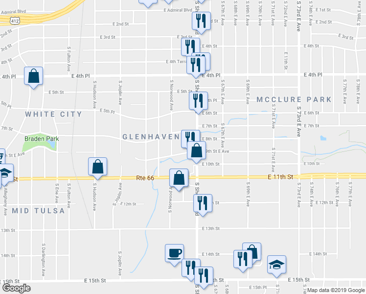 map of restaurants, bars, coffee shops, grocery stores, and more near 6335 E 9th St East Avenue in Tulsa