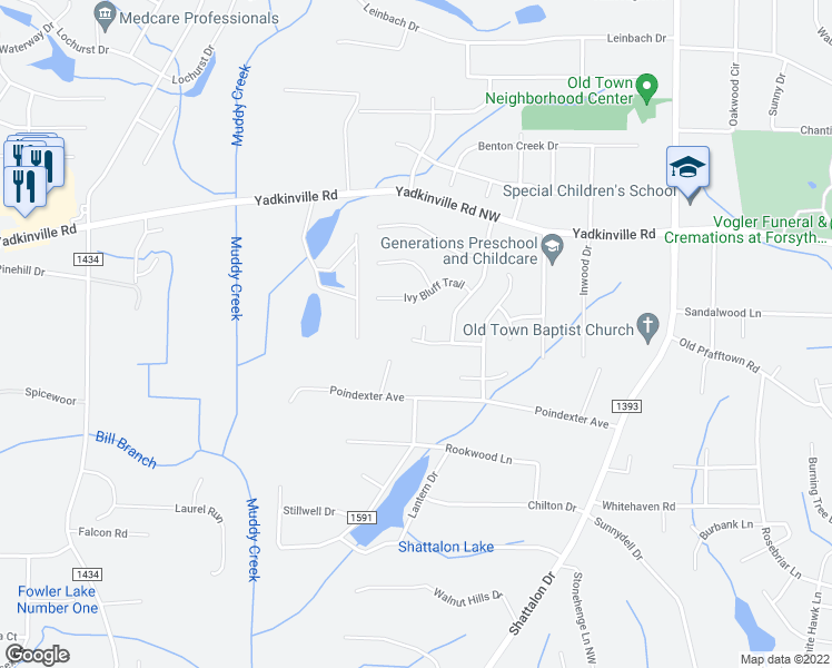 map of restaurants, bars, coffee shops, grocery stores, and more near 4300 Treebrook Court in Winston-Salem