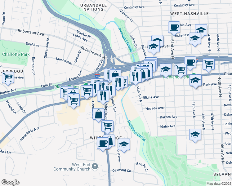 map of restaurants, bars, coffee shops, grocery stores, and more near 5515 Charlotte Pike in Nashville