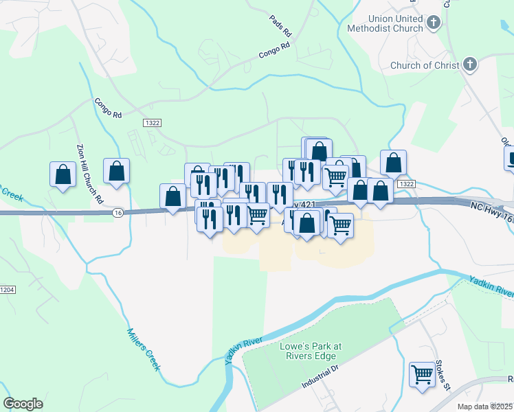 map of restaurants, bars, coffee shops, grocery stores, and more near North Carolina Highway 16 in Wilkesboro