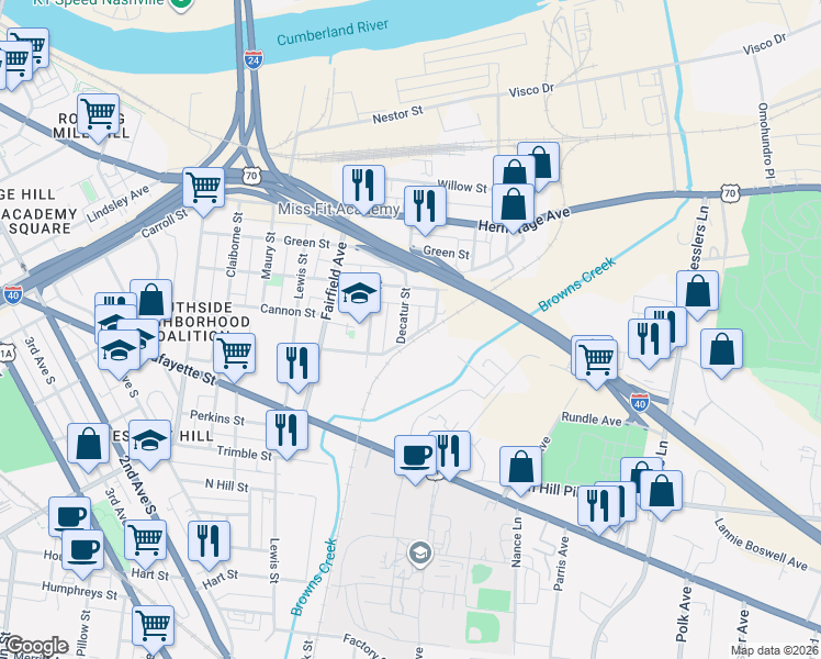 map of restaurants, bars, coffee shops, grocery stores, and more near 3 Decatur Street in Nashville