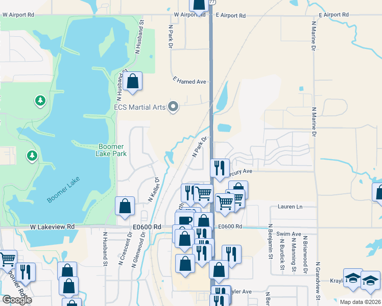 map of restaurants, bars, coffee shops, grocery stores, and more near 2709 North Park Drive in Stillwater