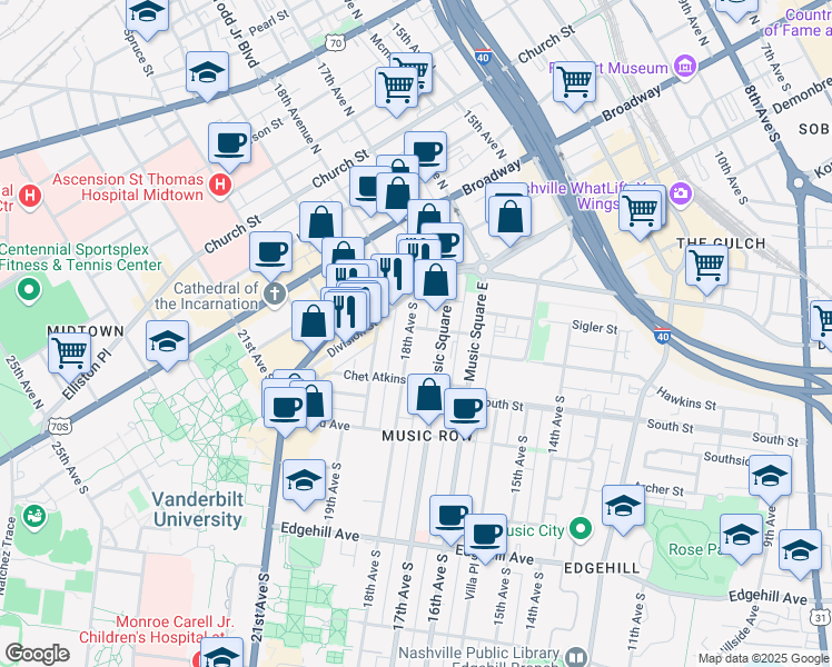 map of restaurants, bars, coffee shops, grocery stores, and more near 807 18th Avenue South in Nashville