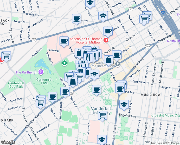 map of restaurants, bars, coffee shops, grocery stores, and more near 114 23rd Avenue North in Nashville