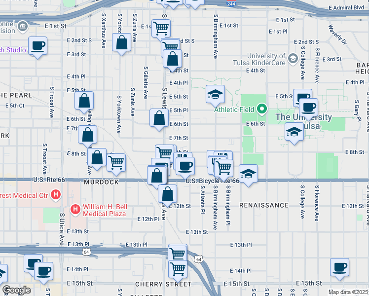 map of restaurants, bars, coffee shops, grocery stores, and more near 2431 East 8th Street in Tulsa