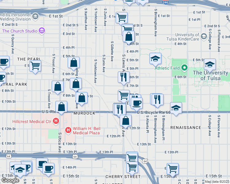 map of restaurants, bars, coffee shops, grocery stores, and more near 2233 East 8th Street in Tulsa